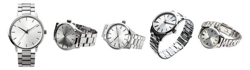 Elegant Silver Watches Displayed in Various Angles on White Background, Isolated on Transparent, white background