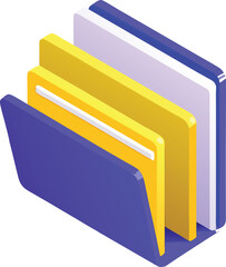 Isometric illustration of a purple folder with yellow and white files