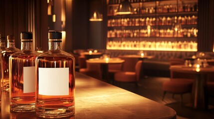 Elegant whiskey bottles awaiting custom labels in a warmly lit bar atmosphere