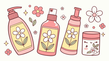 Cute pink hand drawn kawaii beauty and skincare products illustration with flowers and leaves