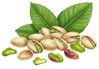 Isolated Pistachios with Leaves Artistic Illustration