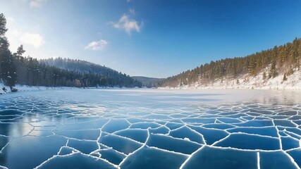 Serene frozen lake with cracked ice under a clear blue sky - Powered by Adobe