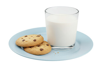 Isolated Fresh Glass of Milk and Chocolate Chip Cookies on a Blue Plate