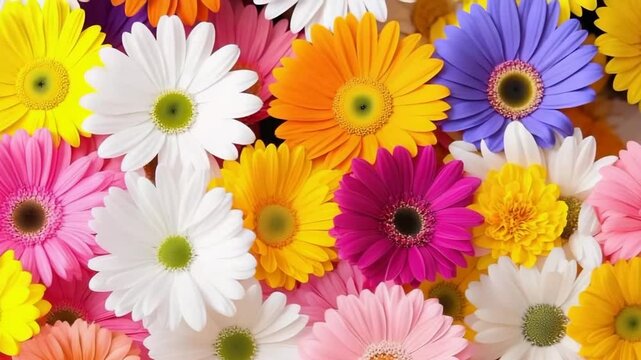 Colorful daisy flower arrangement with yellow, white, pink, orange, purple, and magenta petals creating vibrant floral patterns full of lively energy and natural beauty in cheerful blooms