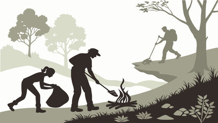 People cleaning up nature campfire hiking silhouette vector illustration