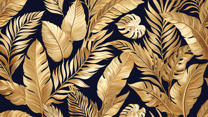 Seamless pattern gold tropical leaves dark background