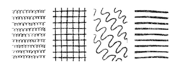 Hand drawn crayon textures vector pattern set. Childish freehand scribble and shapes background. Collection of design elements lines, waves, grid and spirals