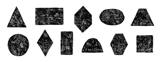 Crayon hand drawn black geometric shapes set. Pencil or charcoal texture. Circle, square, triangle and rectangle. Vector texture illustration