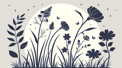 Wildflower meadow grass silhouette with sun or moon and butterflies nature background graphic design