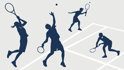 Tennis players silhouettes action court rackets ball sport fitness exercise competition healthy lifestyle training activity game
