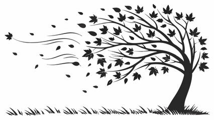 Autumn Fall Tree Silhouette with Leaves Blowing in Strong Wind Nature Graphic Weather