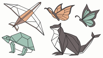 Cute Geometric Origami Animals Set Butterfly Turtle Seal Airplane Paper Illustration