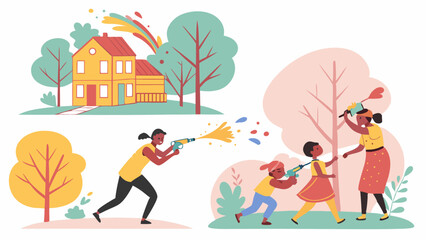 Summer fun water gun fight happy people playing outdoors joyful family and friends enjoying outdoor activities