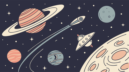 Cartoon Space Illustration with Planets, Stars, Rocket Ship, and UFO. Outer Space Background for Sci-Fi Adventure.