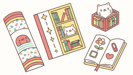 Adorable pastel illustration books bookshelf cute cats journal Simple kawaii style drawing reading education hobbies