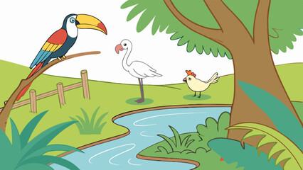 Wildlife Scene with Tropical Birds Toucan Flamingo and Small Bird