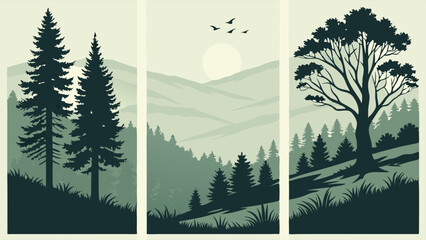 Nature landscape forest trees hills sun birds minimalist vector flat illustration set vertical panels outdoor scenic background graphic