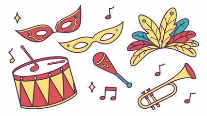 Carnival party music instruments masks flat vector illustration set. Festive celebration event elements.