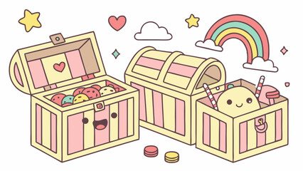 Cute cartoon pastel treasure chests filled with candy sweets toys and happy faces illustration