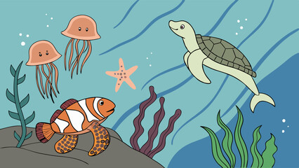 Cute cartoon underwater scene with sea turtle jellyfish clownfish and starfish marine life illustration