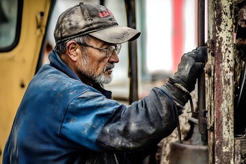 Fototapeta premium Worker's Focus: A dedicated, experienced worker meticulously inspects machinery in a high-stakes industrial setting. The image captures the essence of hard work and skill.