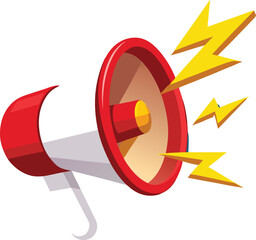 Cartoon red and white megaphone with yellow lightning bolts