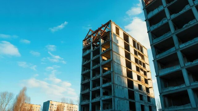 Unfinished building construction site concrete structure blue sky sunlight urban area architecture scaffolding empty windows daytime industrial exterior framework tall building development abandoned
