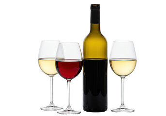 Isolated Wine Bottle and Glasses with Red and White Wine