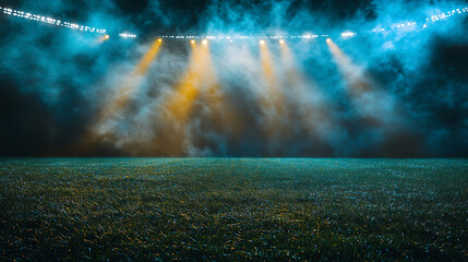 Empty green sports field illuminated by stadium lights with dramatic smoke effect for events