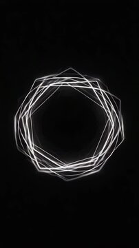 Bold black background with slow-moving hexagonal outlines emerging and fading in a geometric loop.