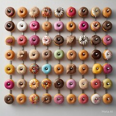 Arrangement of assorted donuts on metal rods creating a grid pattern against a neutral background