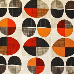 Abstract geometric pattern of circles in shades of orange black and beige with textured grid and grid-like details creating modern artistic visual design