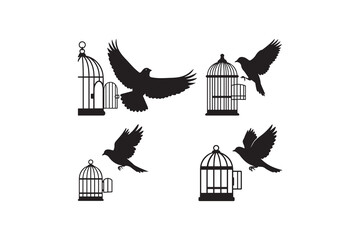 Bird and Cage Silhouette Vector Set Flying Birds with Open Cages Silhouette