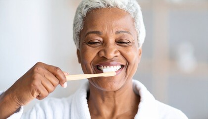 Elderly Woman Brushing Teeth – Daily Wellness and Hygiene Concept