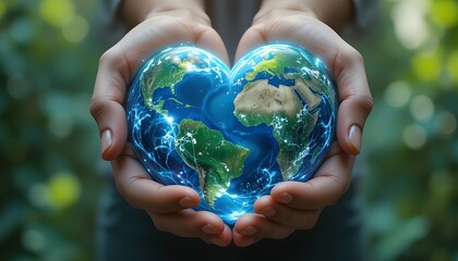 Planet Earth shaped like a heart, glowing with blue and green colors, surrounded by hands, symbol of love and care for nature, Earth Day illustration