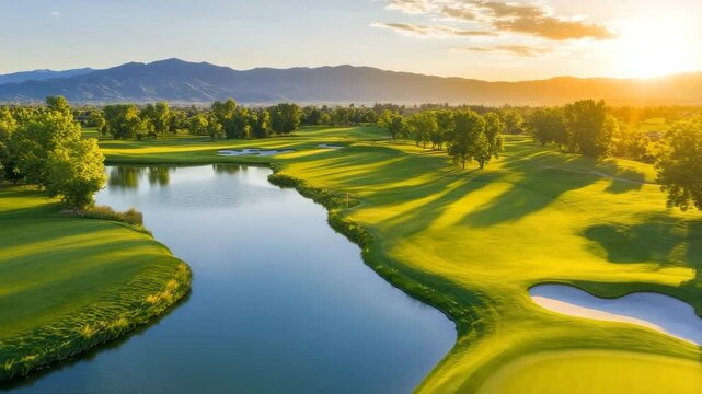 Golf course landscape featuring water hazard and sand bunker at sunset with vibrant green grass, trees, mountain backdrop, creating peaceful outdoor nature scene under golden hour sky