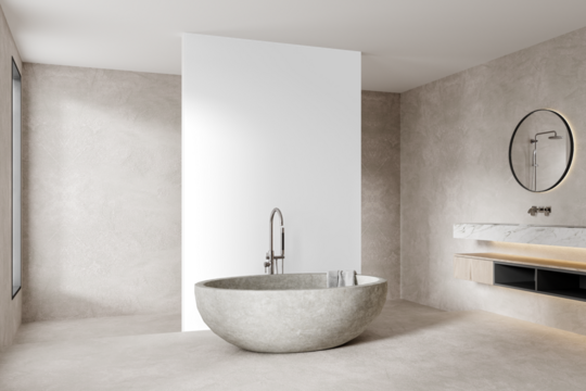 Transparent Wall Bathroom Mockup with Stone Bathtub and Marble Vanity – Transparent Wall Mockup with Realistic Shadows – 3D render