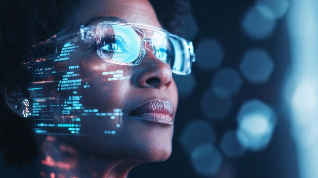 African American woman wearing futuristic glasses, gazing thoughtfully with digital data overlay, illuminated by soft blue and purple lights, representing technology and innovation in a modern environ - Powered by Adobe