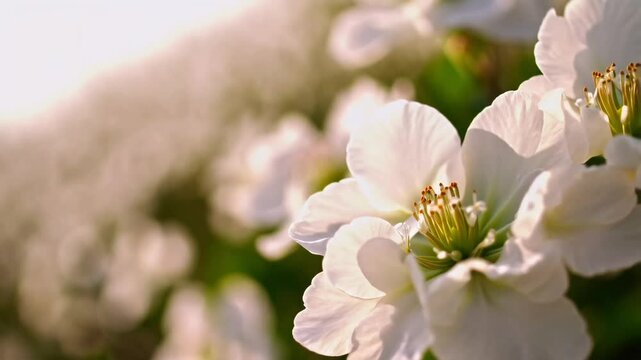 Many white flowers, cherry blossoms, spring nature background, blurred bokeh, sakura