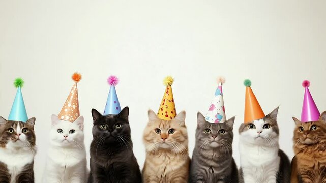 festive seven cats sitting in party hats on white background, birthday, copy space