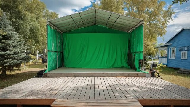 Outdoor Stage with Green Backdrop: A versatile outdoor stage awaits, its vibrant green backdrop ready for any performance under a serene sky.