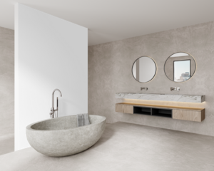 Transparent Wall Bathroom Scene with Round Mirrors and Marble Vanity – Transparent Wall Mockup with Realistic Shadows – 3D render
