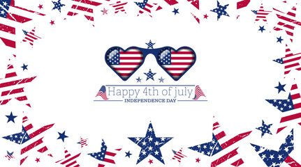 Abstract 3d usa flag frame, heart shape glasses with american flag, independence day text vector illustration. Usa freedom flag glasses to use for 4th july independence day, memorial day projects. 