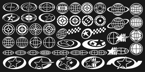 Futuristic Y2K vector shape set with abstract icons, globes, sparkle stars, grids, and tech-inspired elements. Perfect for digital design, posters, and streetwear graphics.