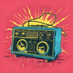 Vintage Illustration of Retro Boom Box Portable Stereo Speaker with Large Dual Speakers and Cassette Player on Bright Pink Background with Dynamic Lighting