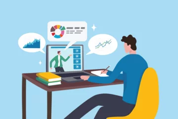  Online study learning course or internet education webinar, remote e-learning, teaching online or exam, test, knowledge wisdom concept, young man study online course on computer laptop at home. © Nuthawut