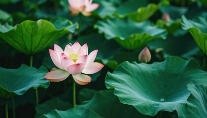 Pink lotus flower blooming amidst lush green lotus leaves in serene pond