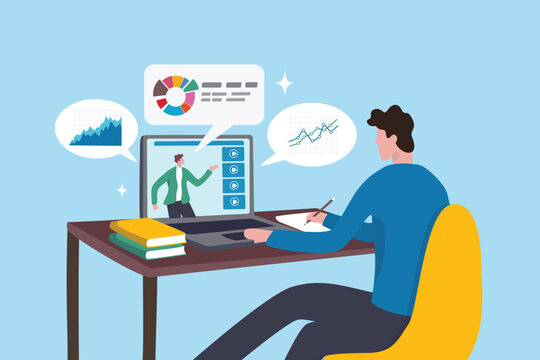 Online study learning course or internet education webinar, remote e-learning, teaching online or exam, test, knowledge wisdom concept, young man study online course on computer laptop at home.