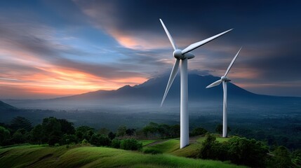 Scenic Wind Turbines On Green Hill With Mountain Backdrop At Sunset For Sustainable And Renewable Energy Power Generation Promoting Environmental Awareness