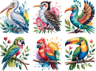 Obraz premium A variety of tropical birds are illustrated here. They are shown perched on branches. Leaves and flowers decorate the scene.